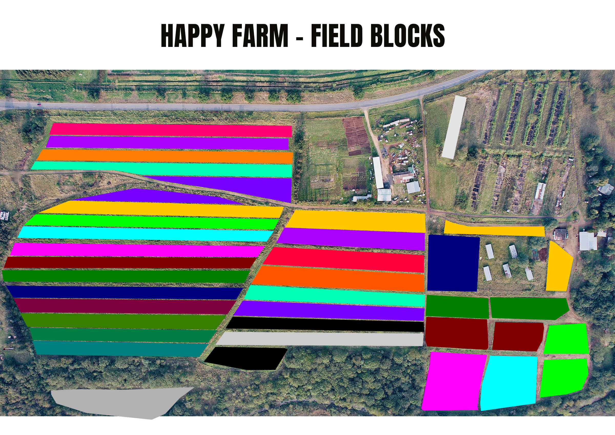 Field-block layout for Happy Farm: colour-coded blocks drawn over an aerial photograph of the farm, its road and the neighbouring plots