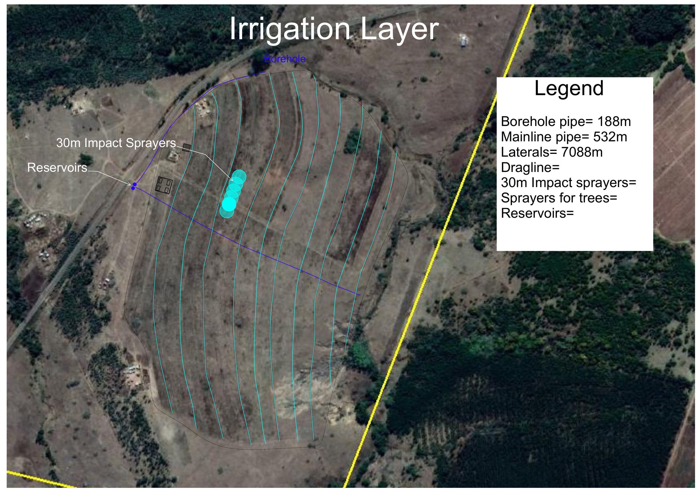 Irrigation layer for the Hlengweni Trust farm: mainline and laterals drawn over satellite imagery
