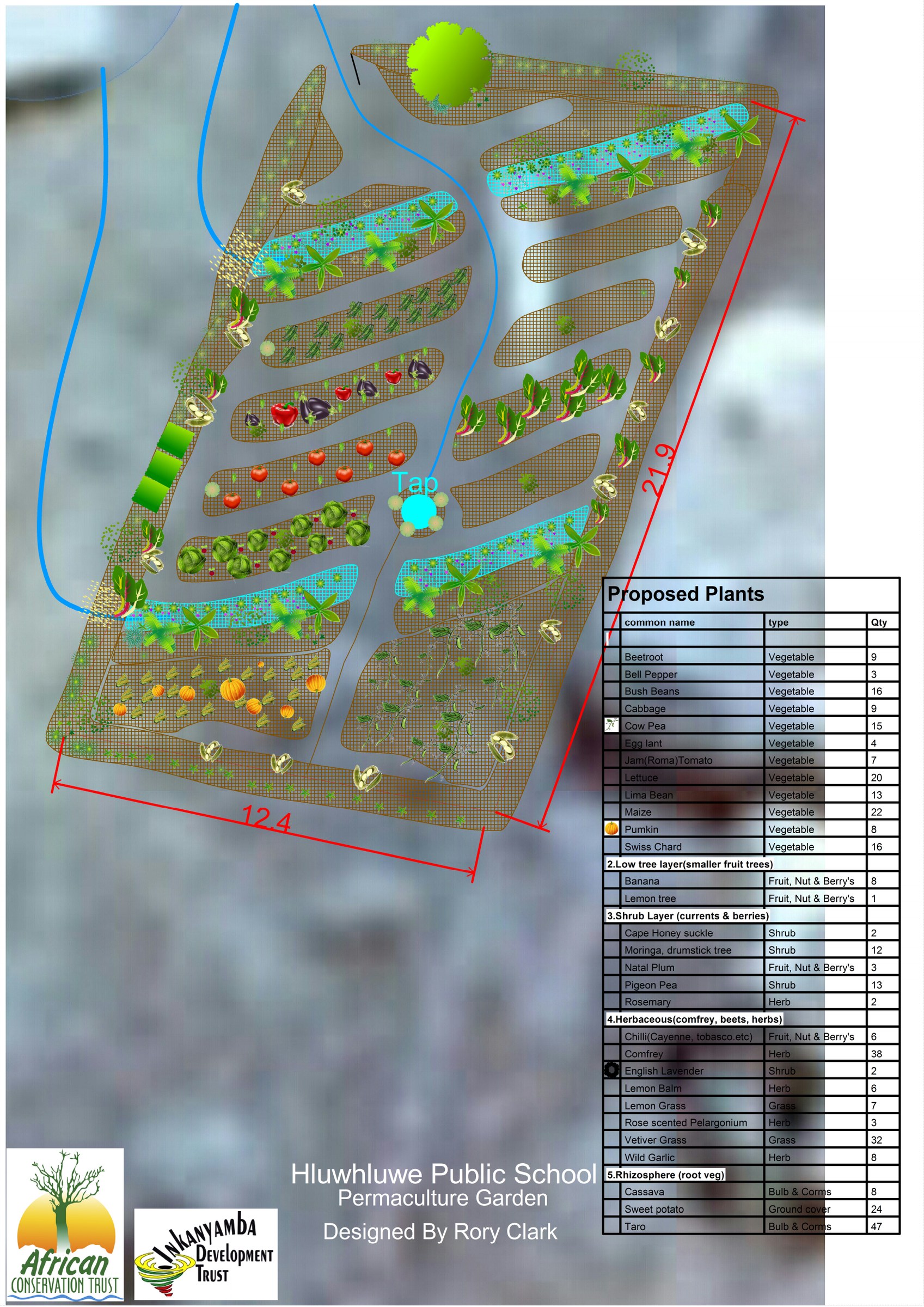 Portrait design sheet for a permaculture garden at Hluhluwe Public School: wave-shaped bed rows and paths drawn over satellite imagery of the school grounds