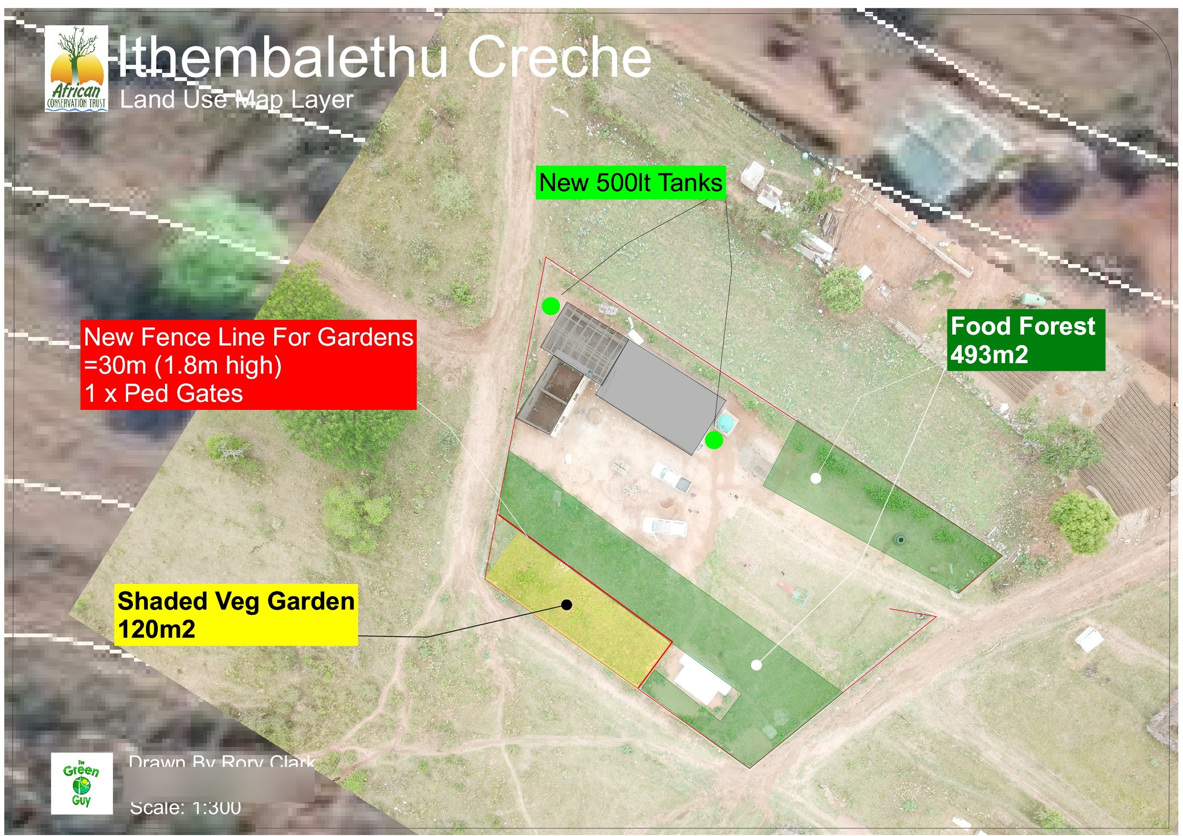 A3 land-use sheet for Ithembalethu Crèche: coloured zones for gardens, orchard and access drawn over satellite imagery