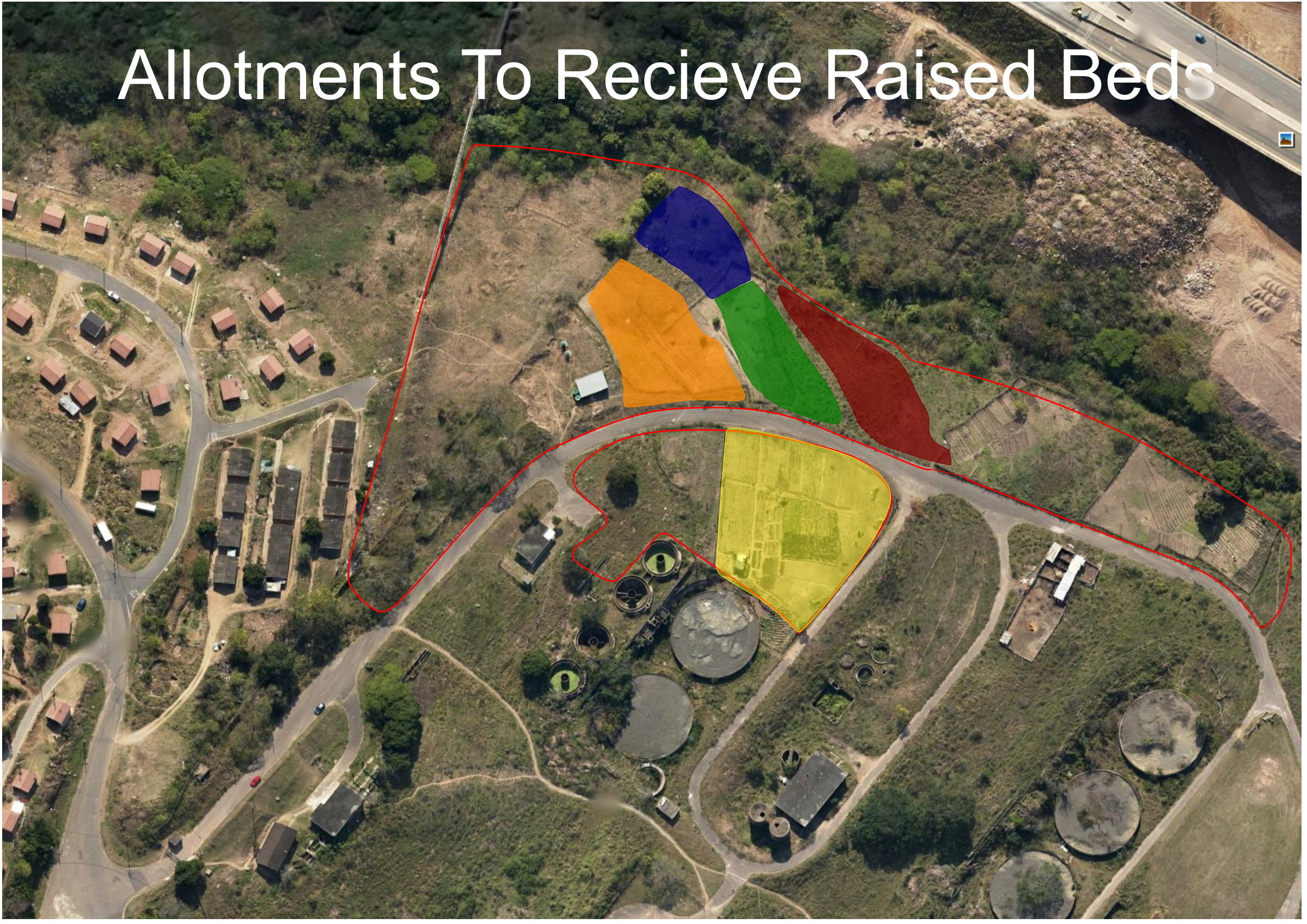 KwaDabeka sheet marking the allotments to receive raised beds: five colour-filled allotments inside the red site outline, drawn over satellite imagery