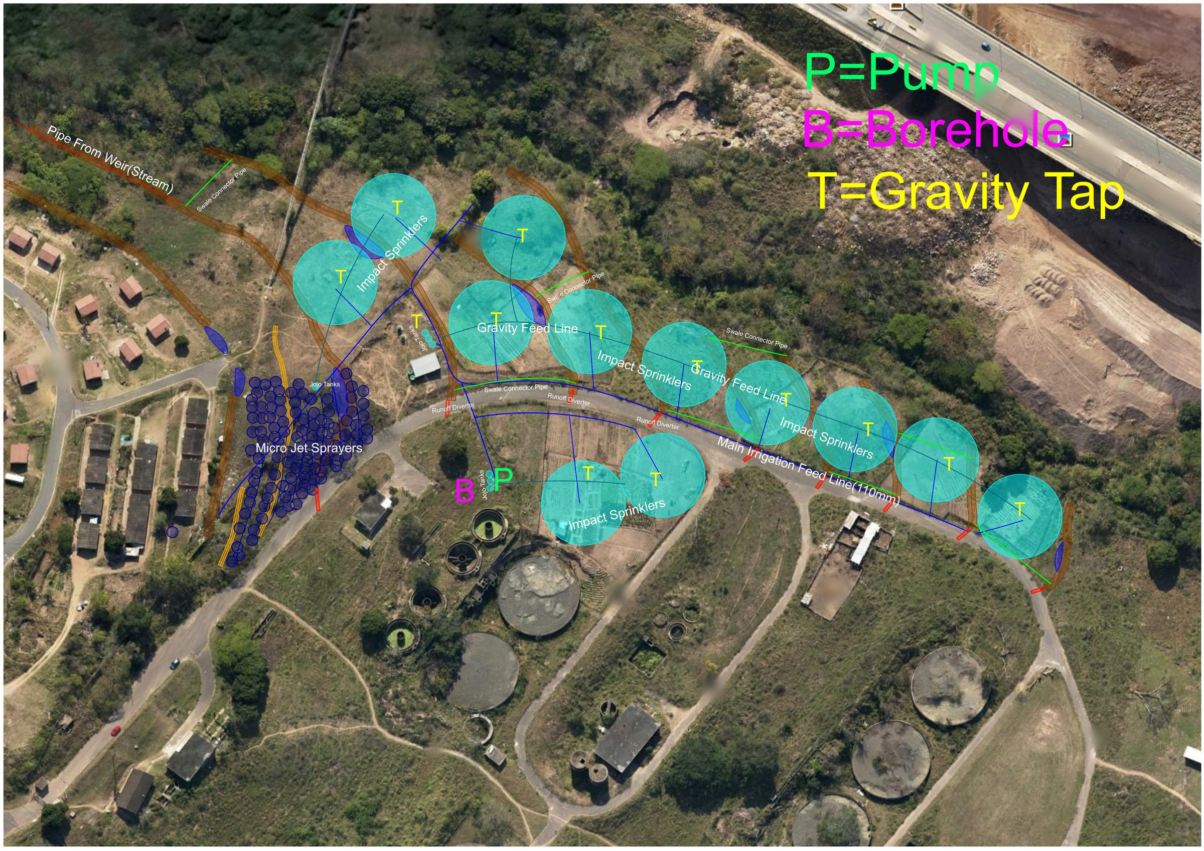 Irrigation plan for a container garden at KwaDabeka: pipe runs, taps and bed blocks drawn over satellite imagery