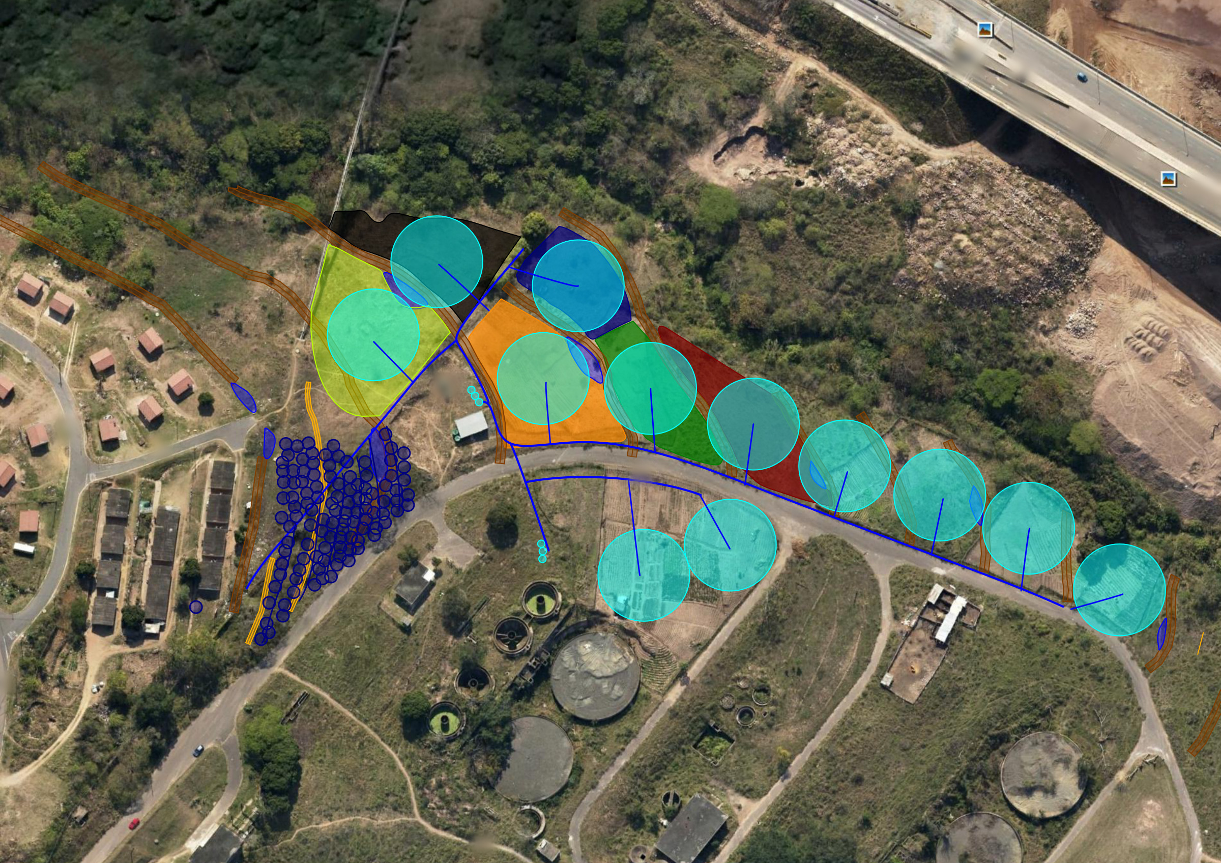 Revised KwaDabeka layout: colour-filled allotments, a row of tree circles, a cluster of micro-sprayer circles, swales and pipe lines drawn over satellite imagery of the site
