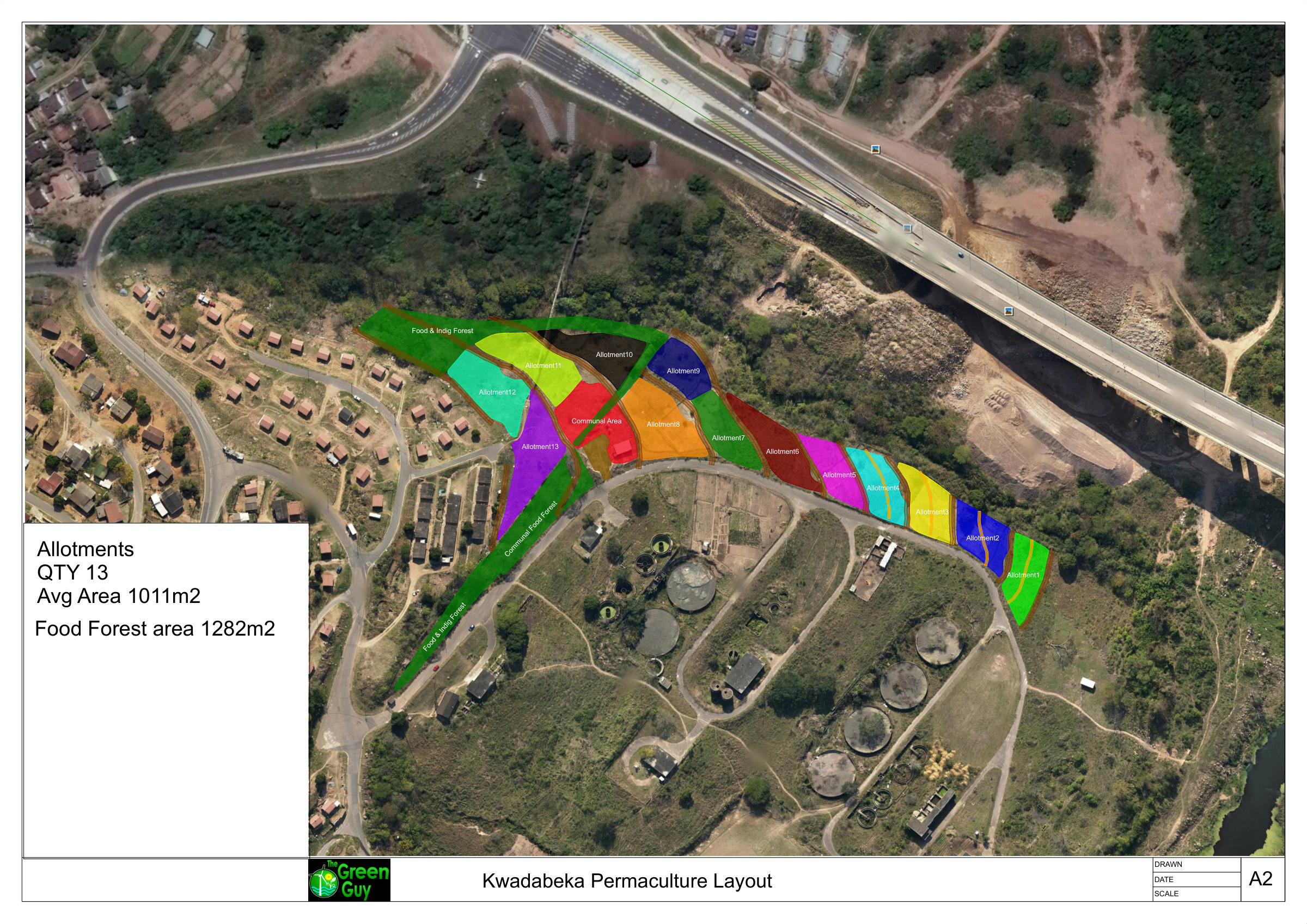 A2 layout sheet for KwaDabeka: thirteen colour-coded allotments and a food-forest strip drawn over satellite imagery of the site between the houses and the highway, with a panel giving the allotment count, average area and food-forest area