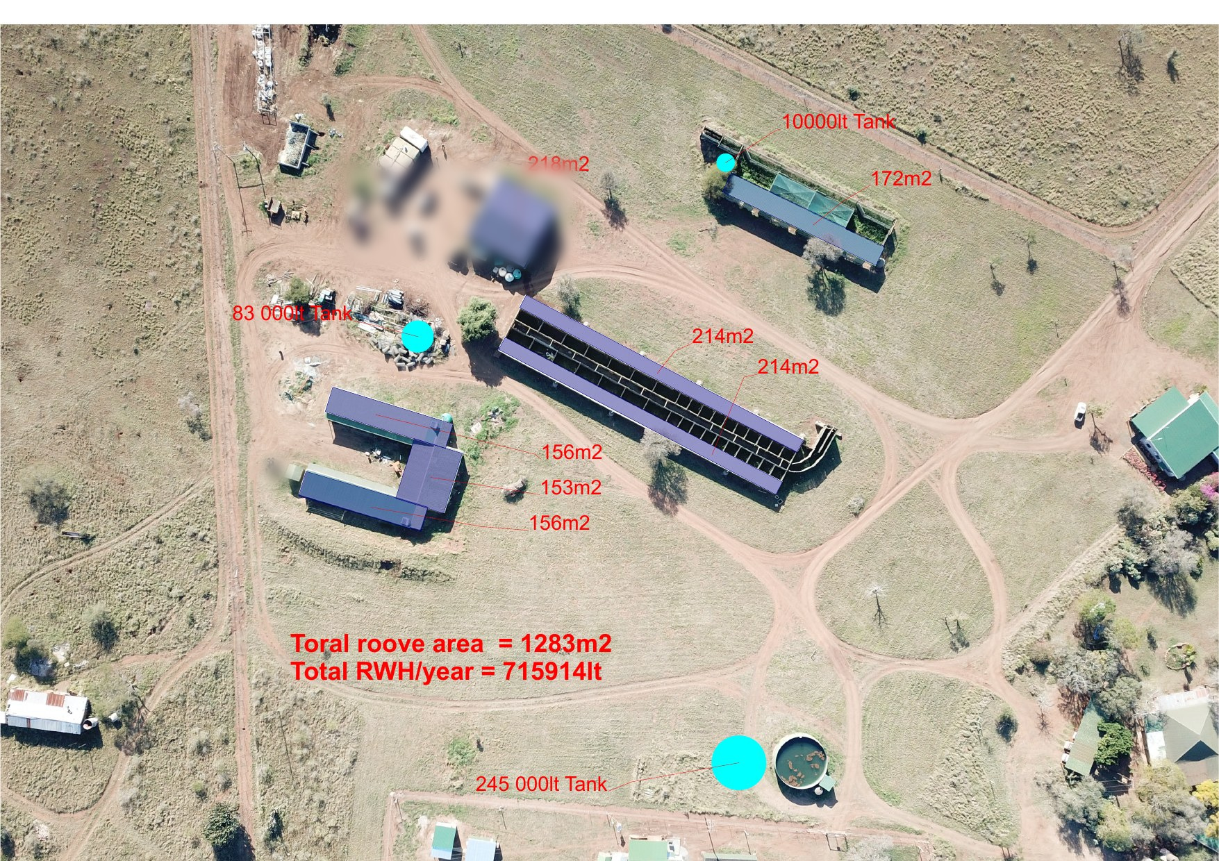 Rainwater harvesting drawing for the Manyoni Game Reserve office: roof catchment areas with their sizes and the tanks they feed, drawn over a drone orthophoto