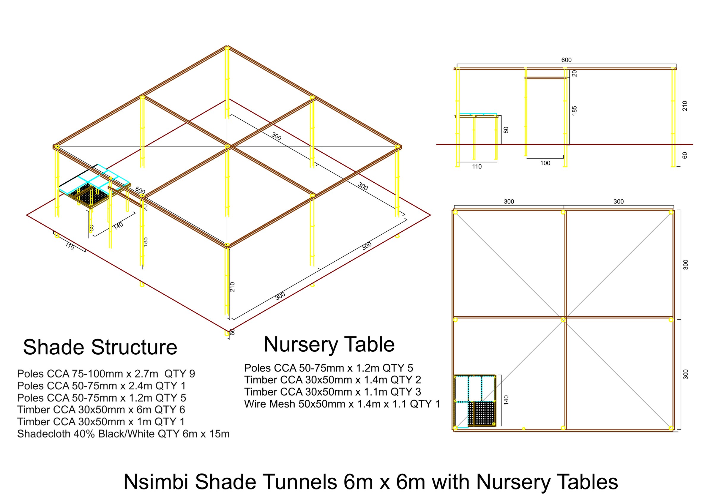 Construction drawing for shade-tunnel nurseries at Nsimbi: plan, elevation and section of the tunnels with dimensions