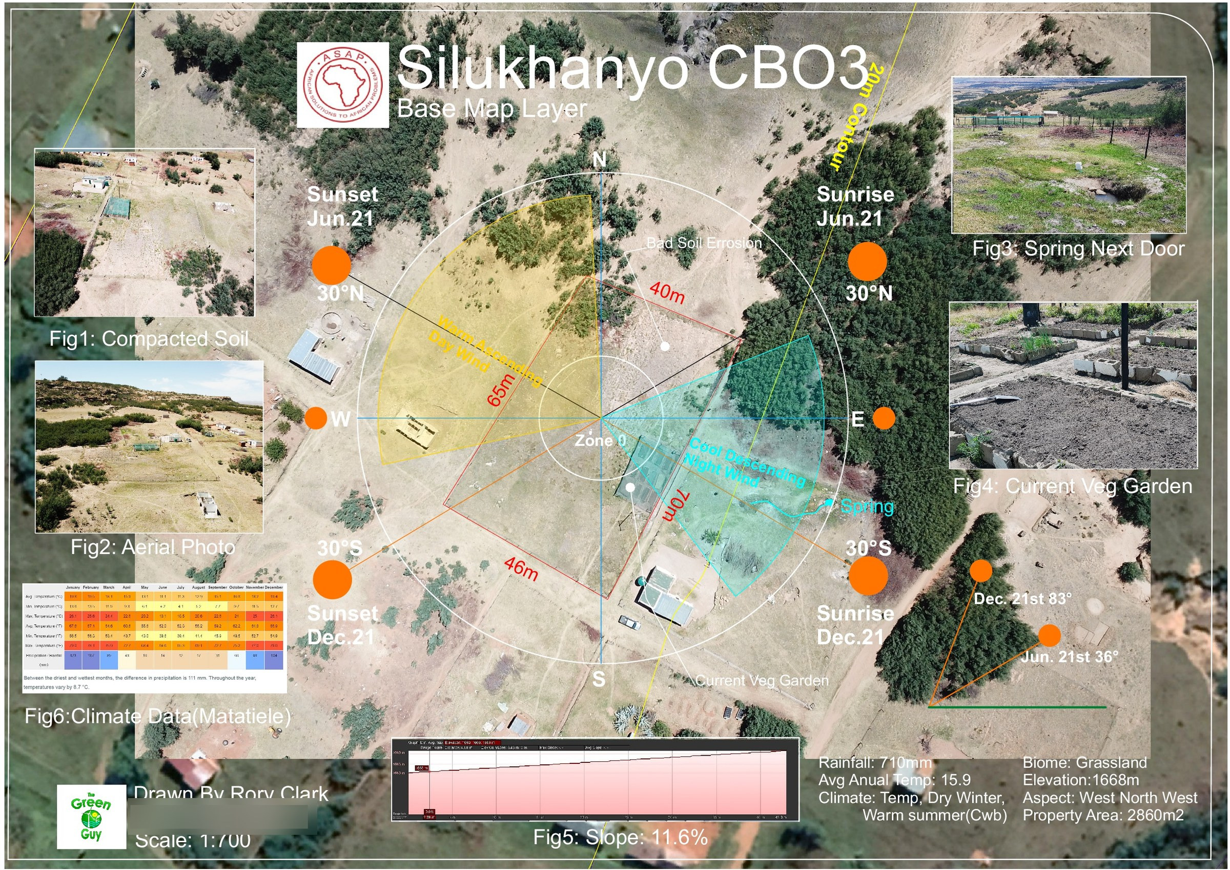 A3 base-map sheet for Silukhanyo CBO3: drone orthophoto with the site boundary, buildings, slope and sun-angle diagrams