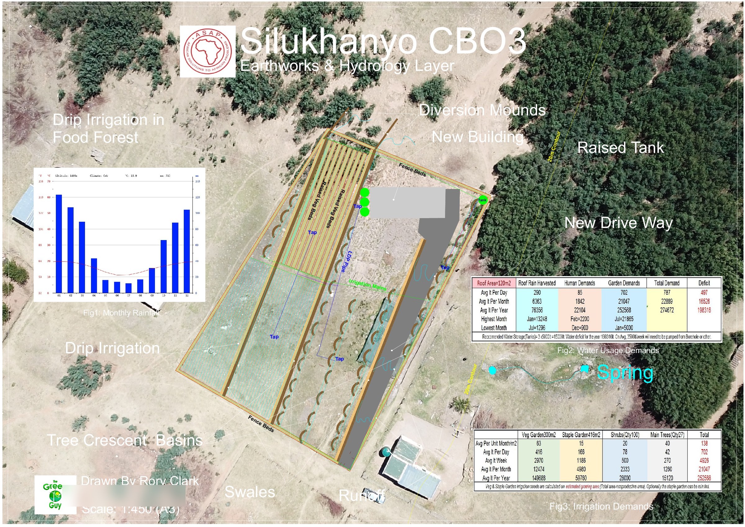 A3 earthworks and hydrology sheet for Silukhanyo CBO3: swales, basins and pipe runs over the drone orthophoto
