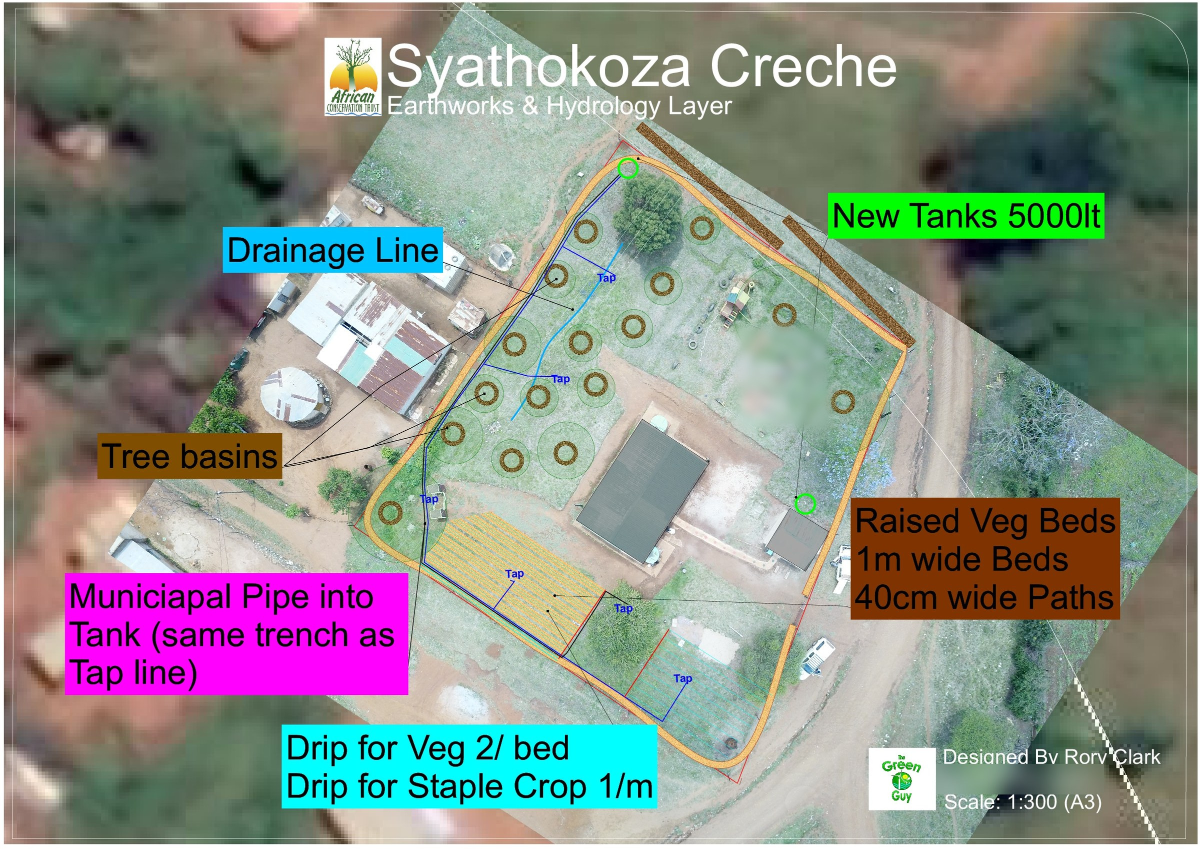 A3 earthworks and hydrology sheet for Syathokoza Crèche: a drainage line, new tanks, a municipal pipe run and drip lines drawn over satellite imagery of the crèche