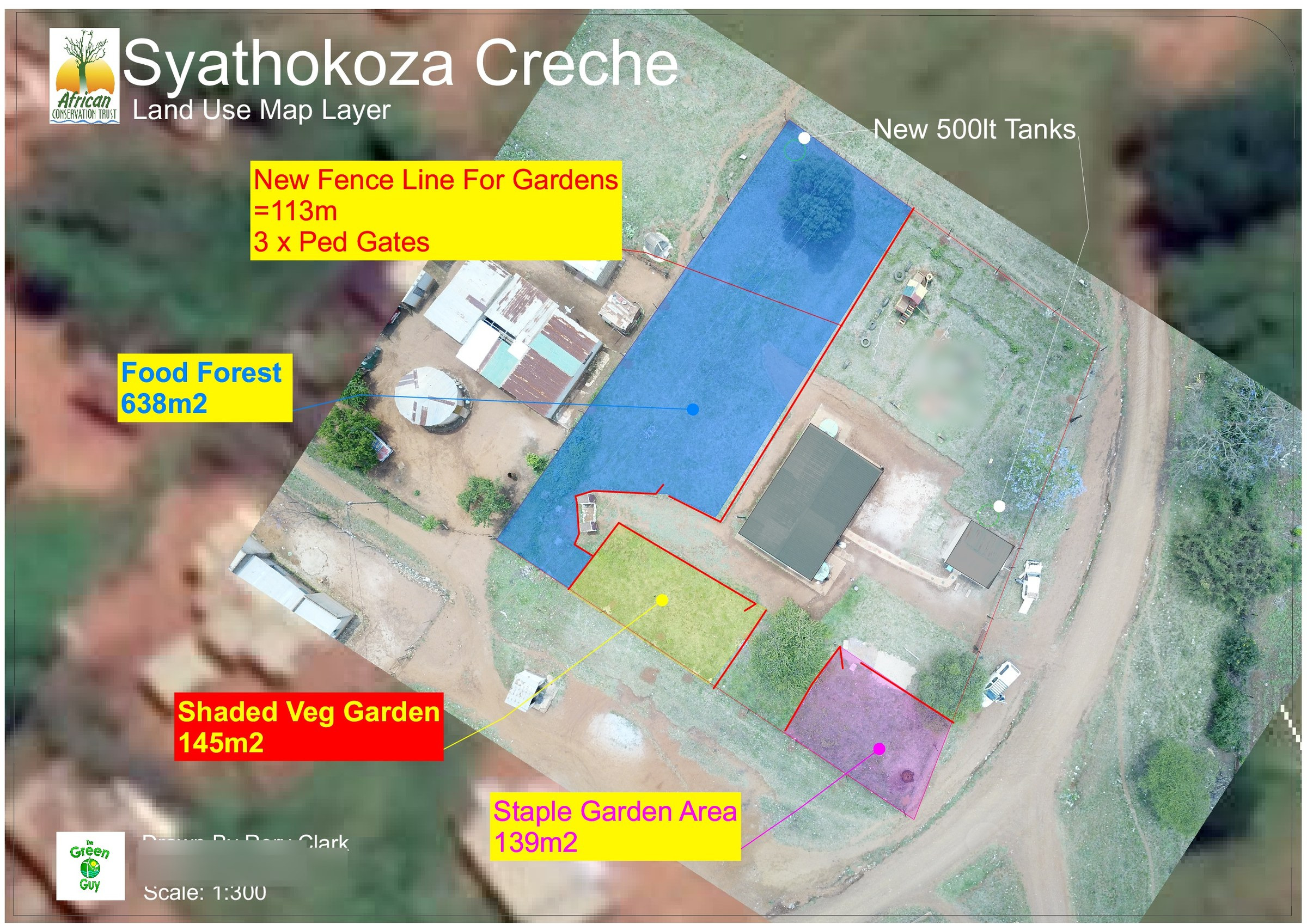 A3 land-use sheet for Syathokoza Crèche: three colour-coded garden zones drawn over satellite imagery of the crèche