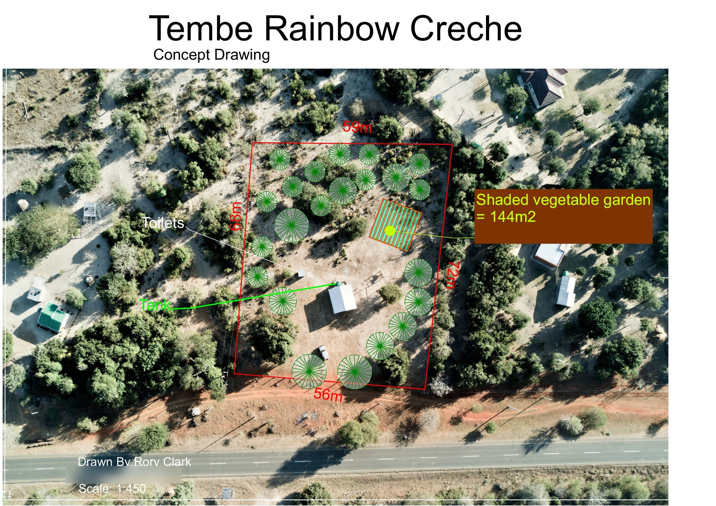A3 concept sheet for the Tembe Rainbow Crèche garden in the Jozini area: beds, tree circles, a tank and fencing drawn over satellite imagery