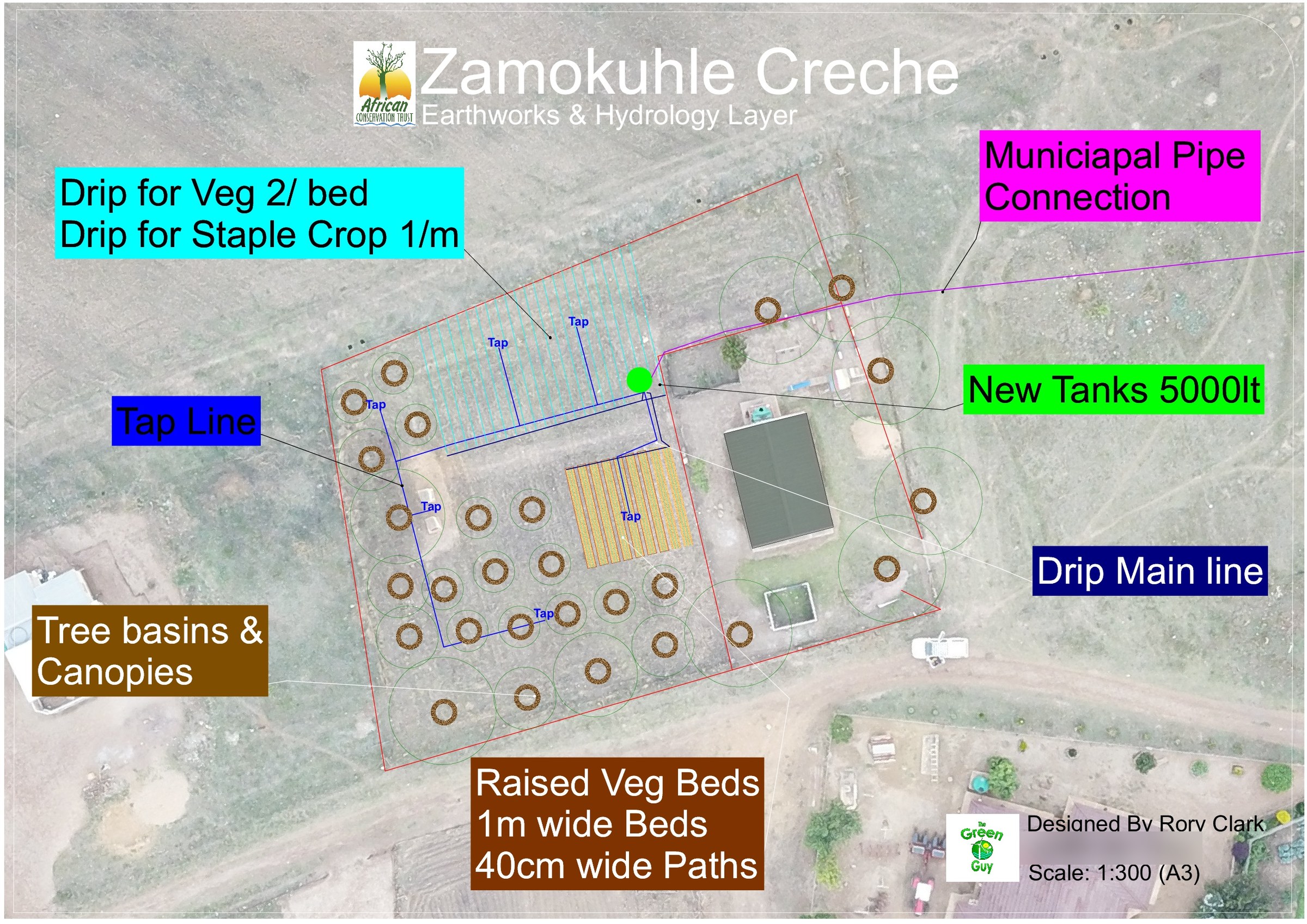 A3 earthworks and hydrology sheet for Zamokuhle Crèche: earthworks lines, tap lines and labelled callouts drawn over satellite imagery