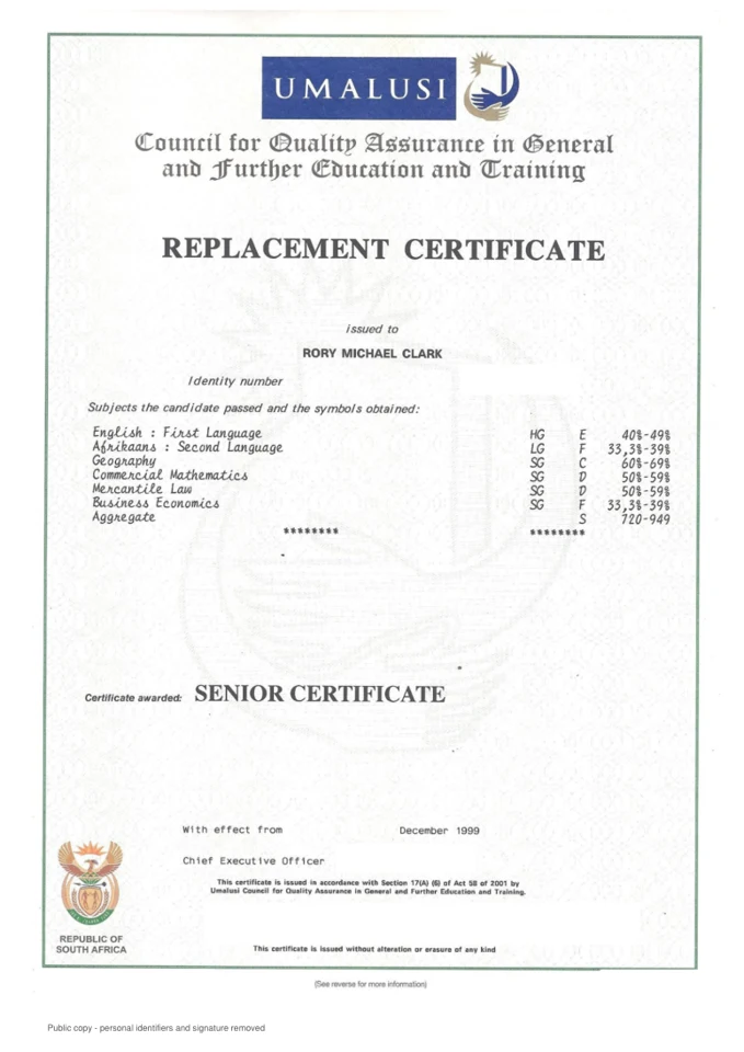Cover of Senior Certificate (matric)