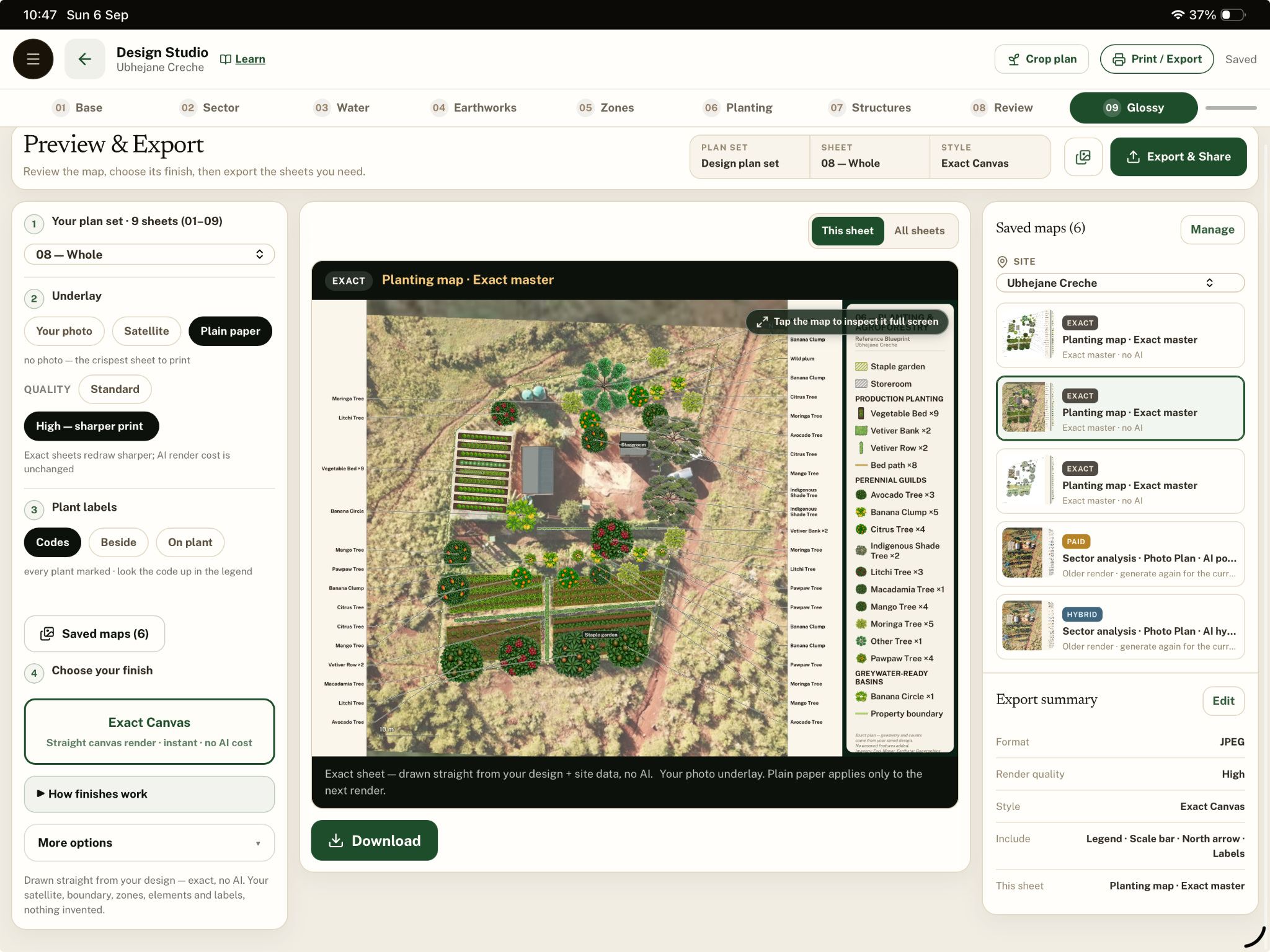 Design Studio garden map with beds, trees and a planting key