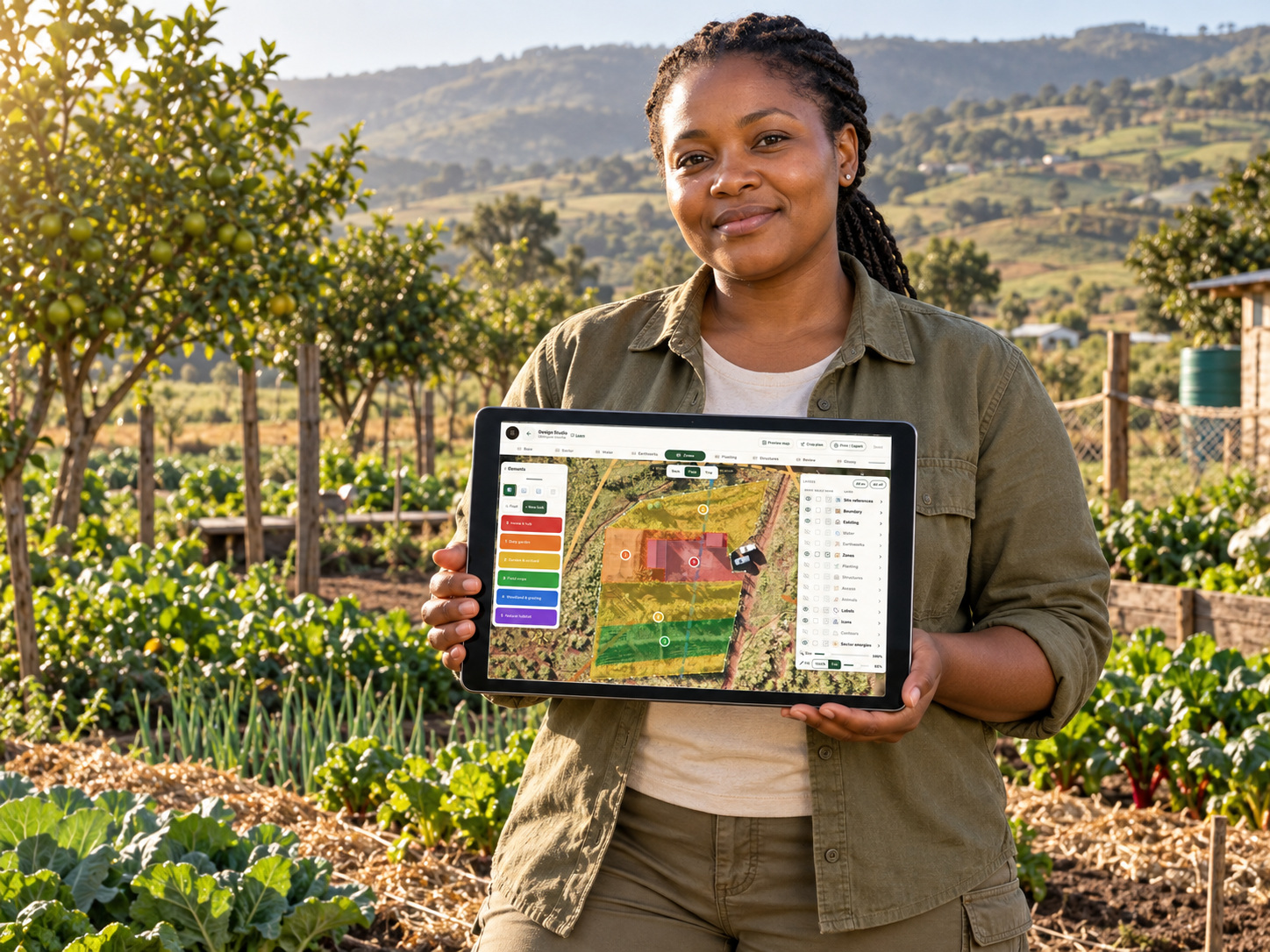 Illustration of a grower holding a tablet with a garden design in a planted field