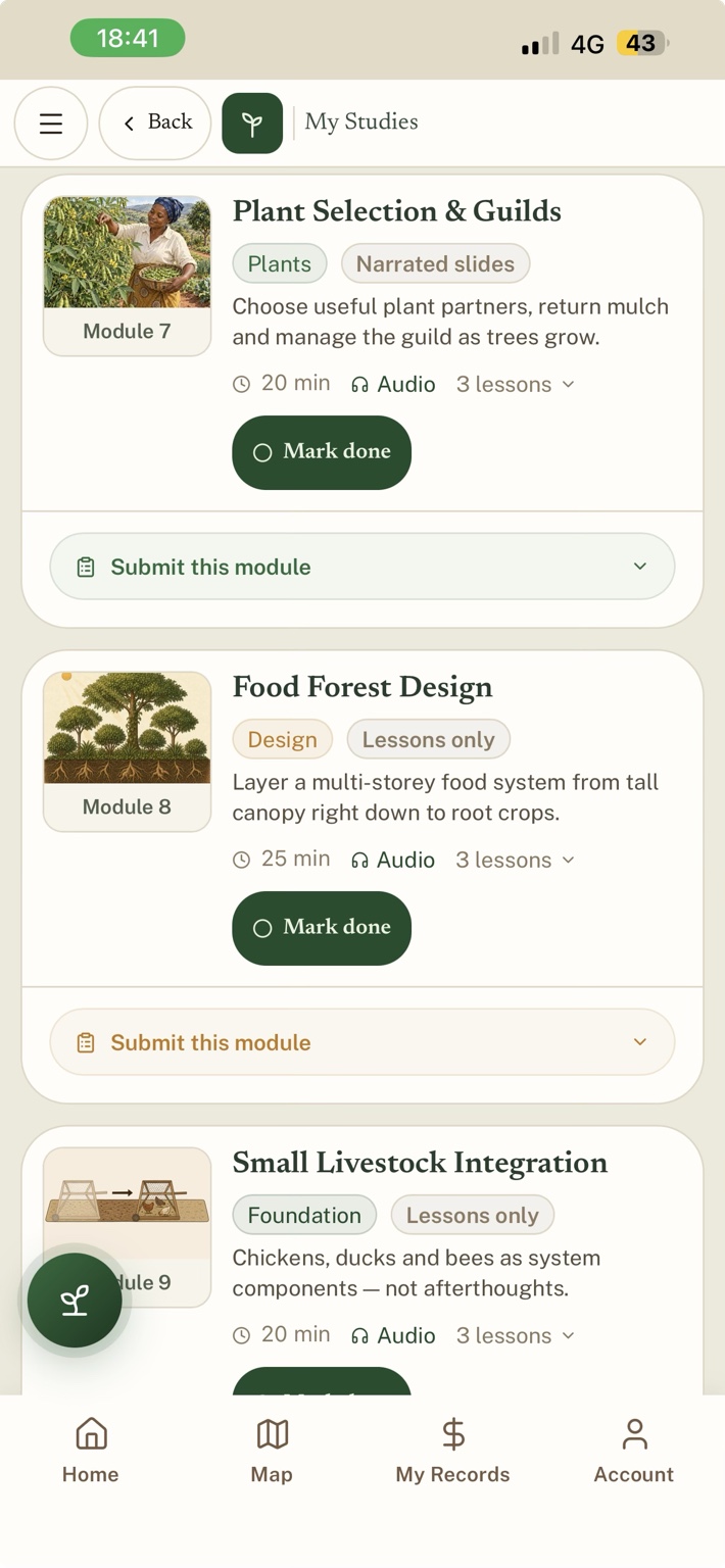 My Studies screen with illustrated learning modules