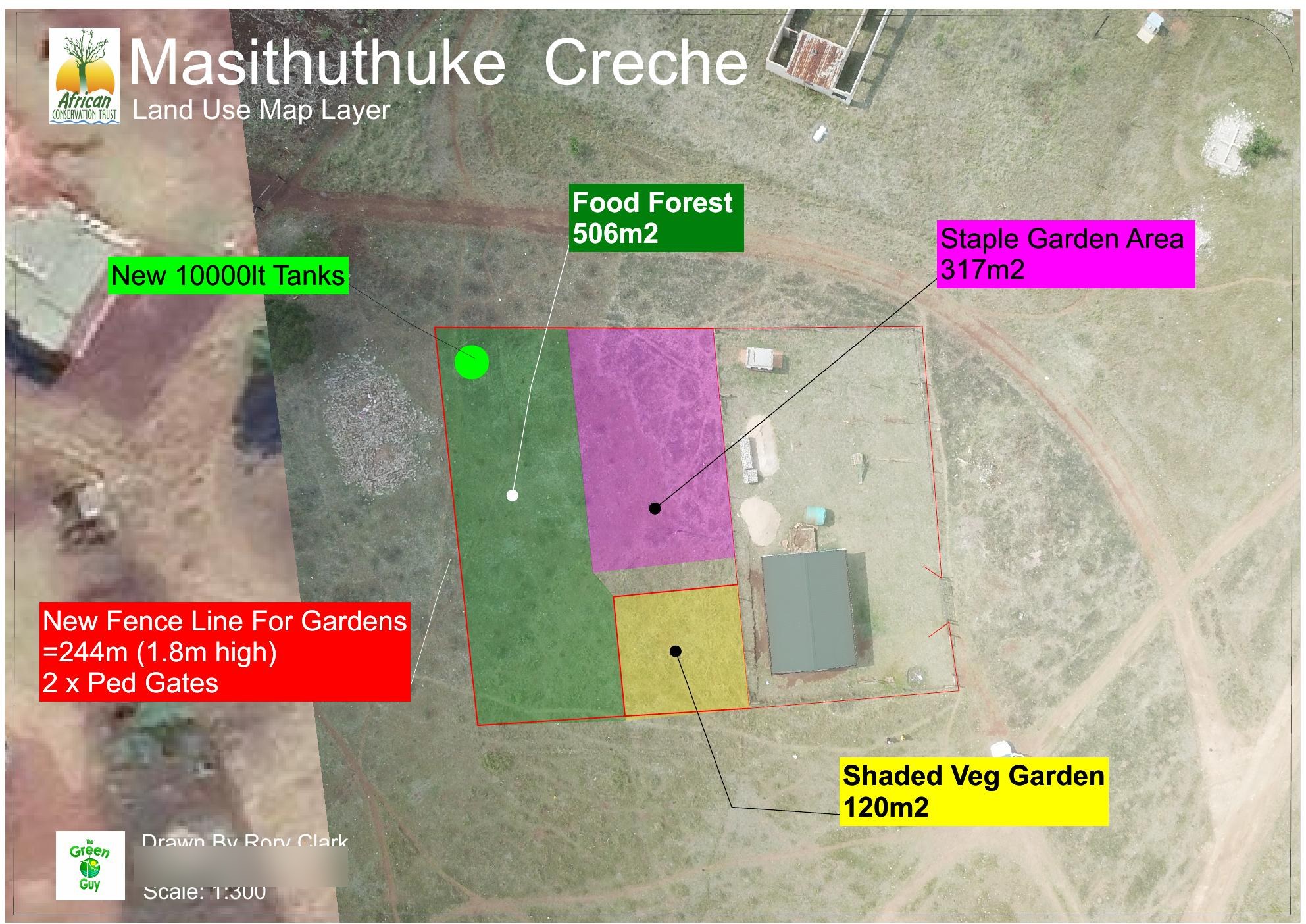 A3 land-use sheet for Masithuthuke Crèche: colour-coded garden zones drawn over satellite imagery