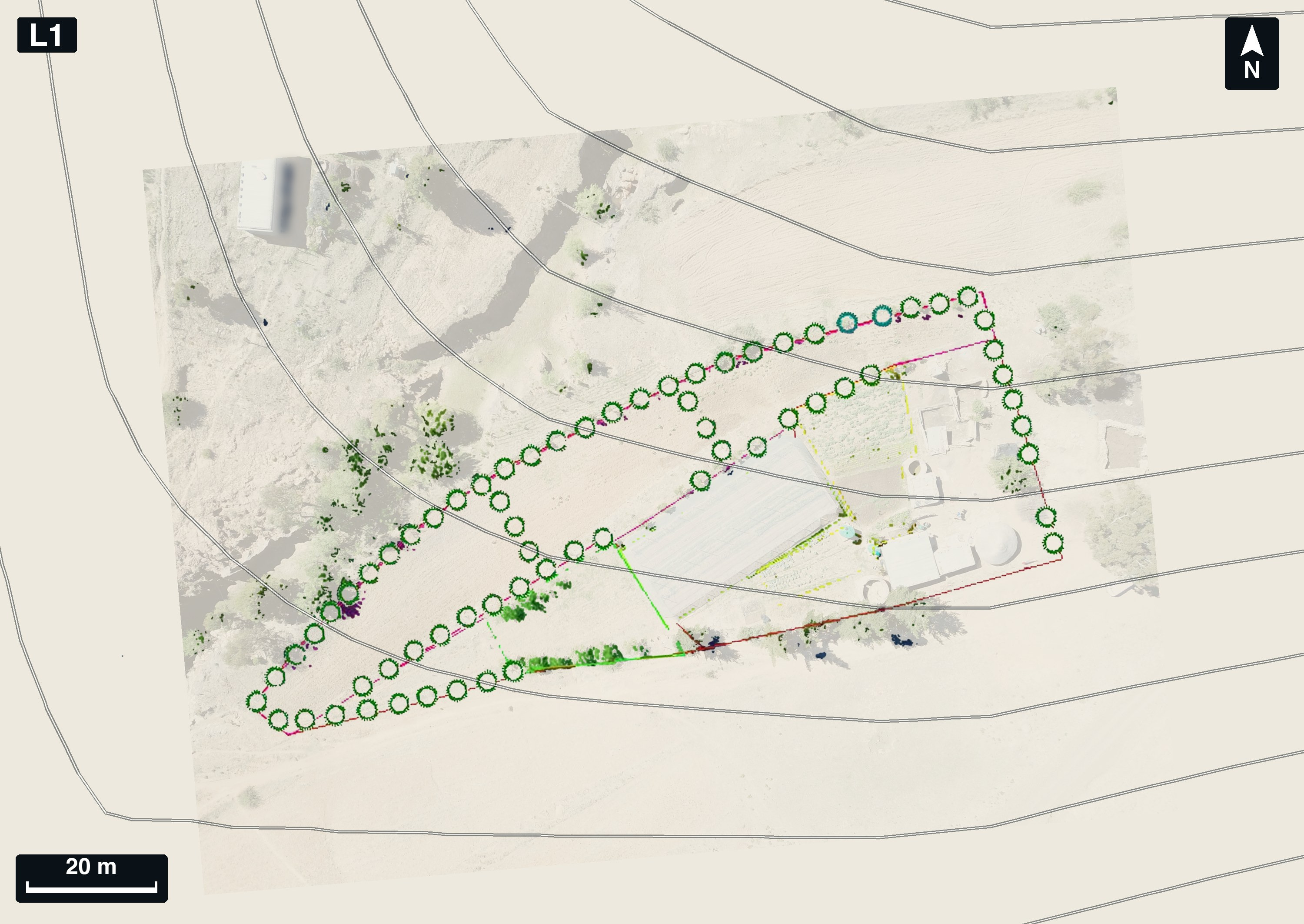 Line-work plan of demonstration garden L1 in Lesotho on a plain ground with a faint drone footprint: a ring of tree basins around the boundary, inner tree rows, bed blocks and a tank, with a scale bar and north arrow