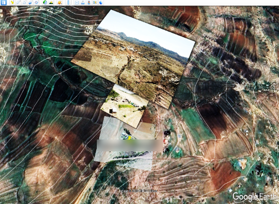 Screenshot from the close-out report of the Google Earth database: a garden’s drone photographs and concept drawing overlaid on satellite imagery with contour lines, the Google Earth mark at the bottom right