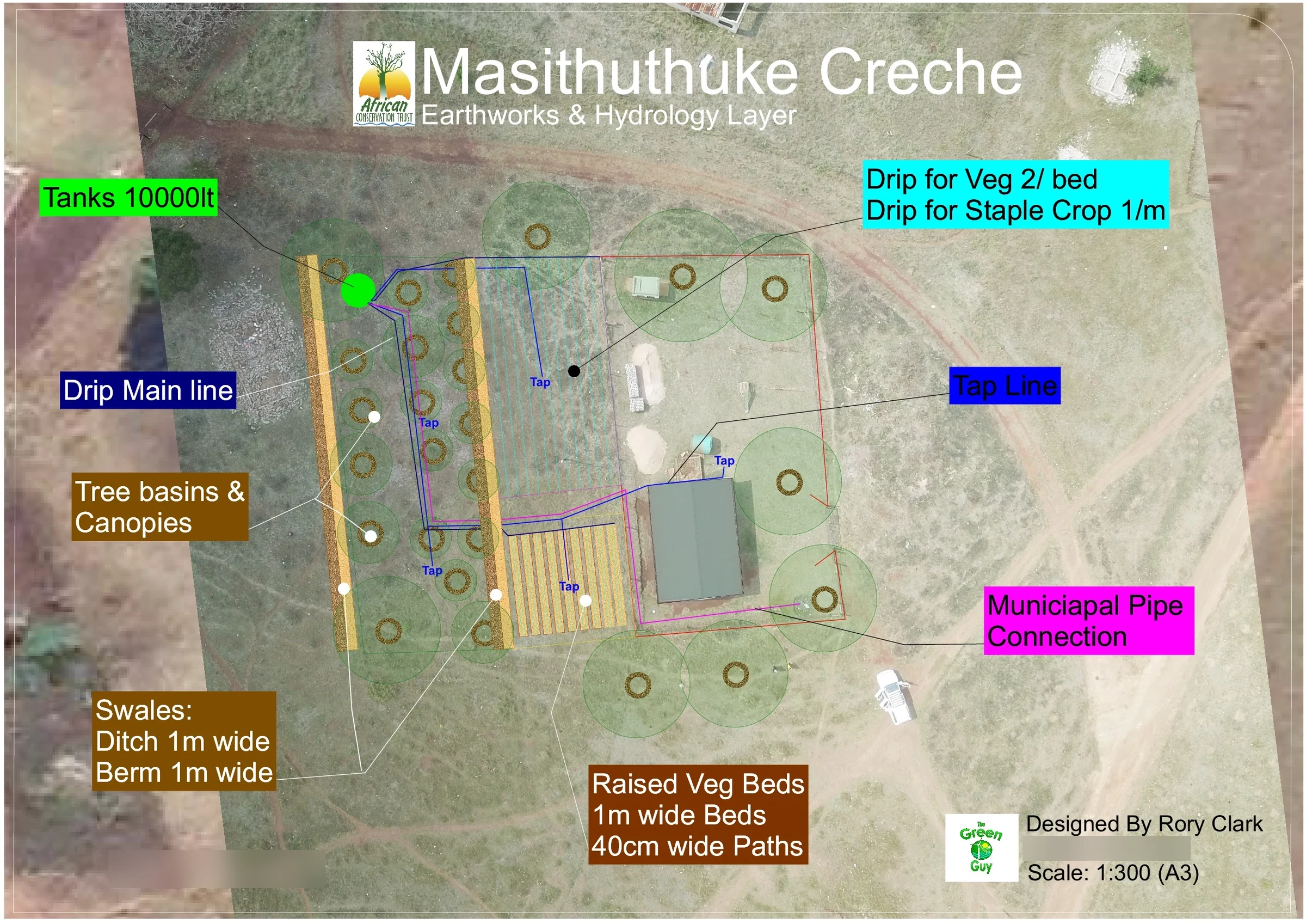A3 earthworks and hydrology sheet for Masithuthuke Crèche: swales, tanks and pipe runs drawn over satellite imagery