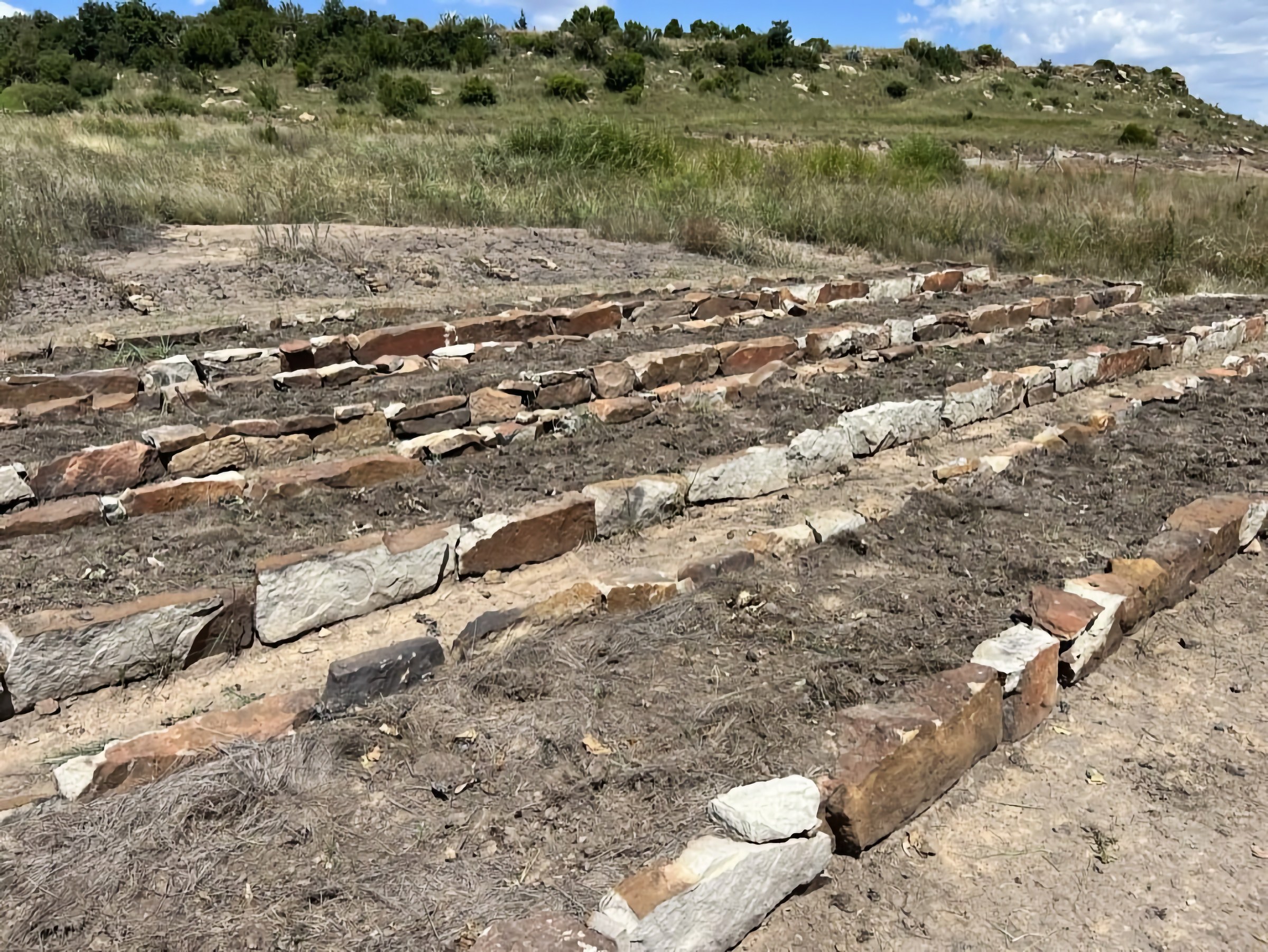 Rows of dry-stone-walled raised beds with dark, freshly turned bare soil between the stone borders, running away toward grassland and a rocky hill with trees on it