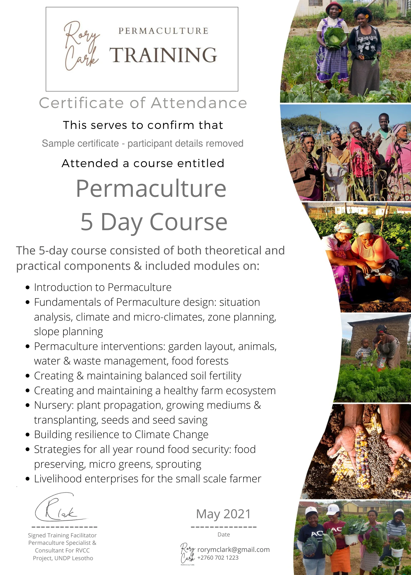 Sample of Rory Clark's five-day permaculture attendance certificate, listing course modules beside photographs of growers and gardens