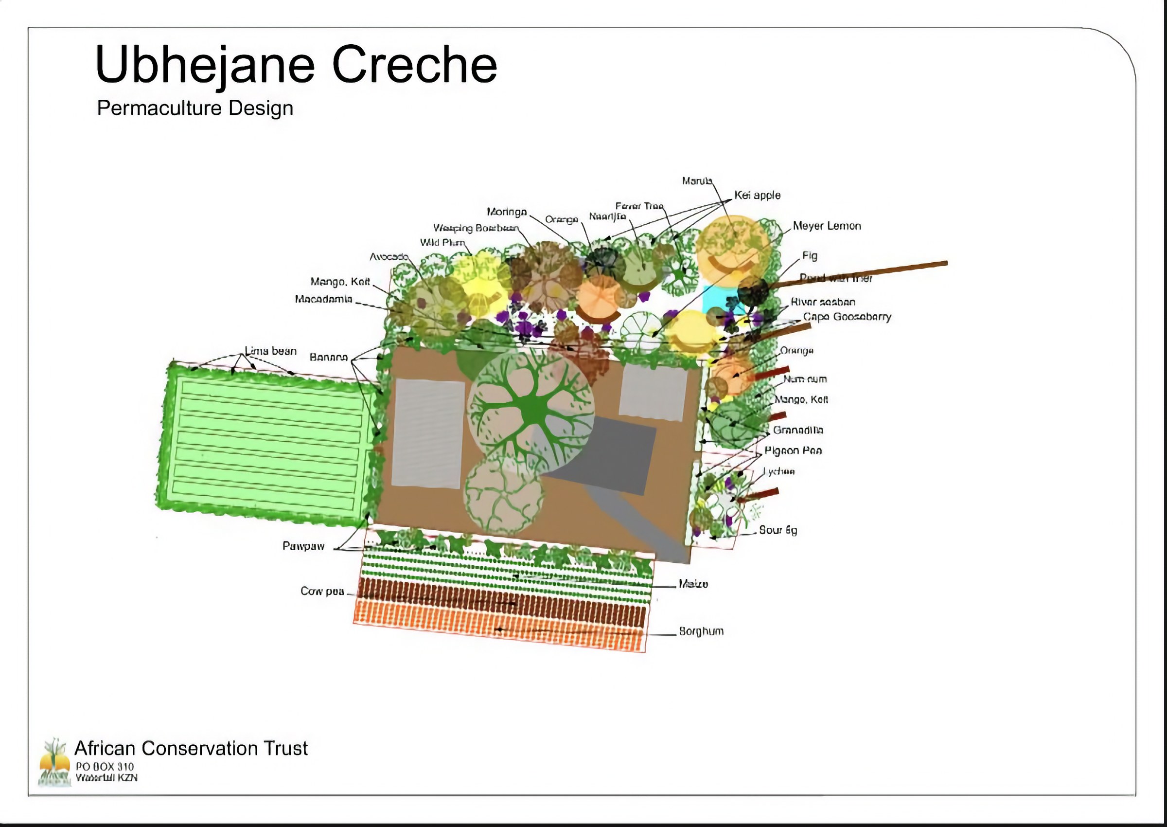 Selected preview of the original Ubhejane Crèche permaculture design, showing the crèche buildings, growing beds and layered tree planting