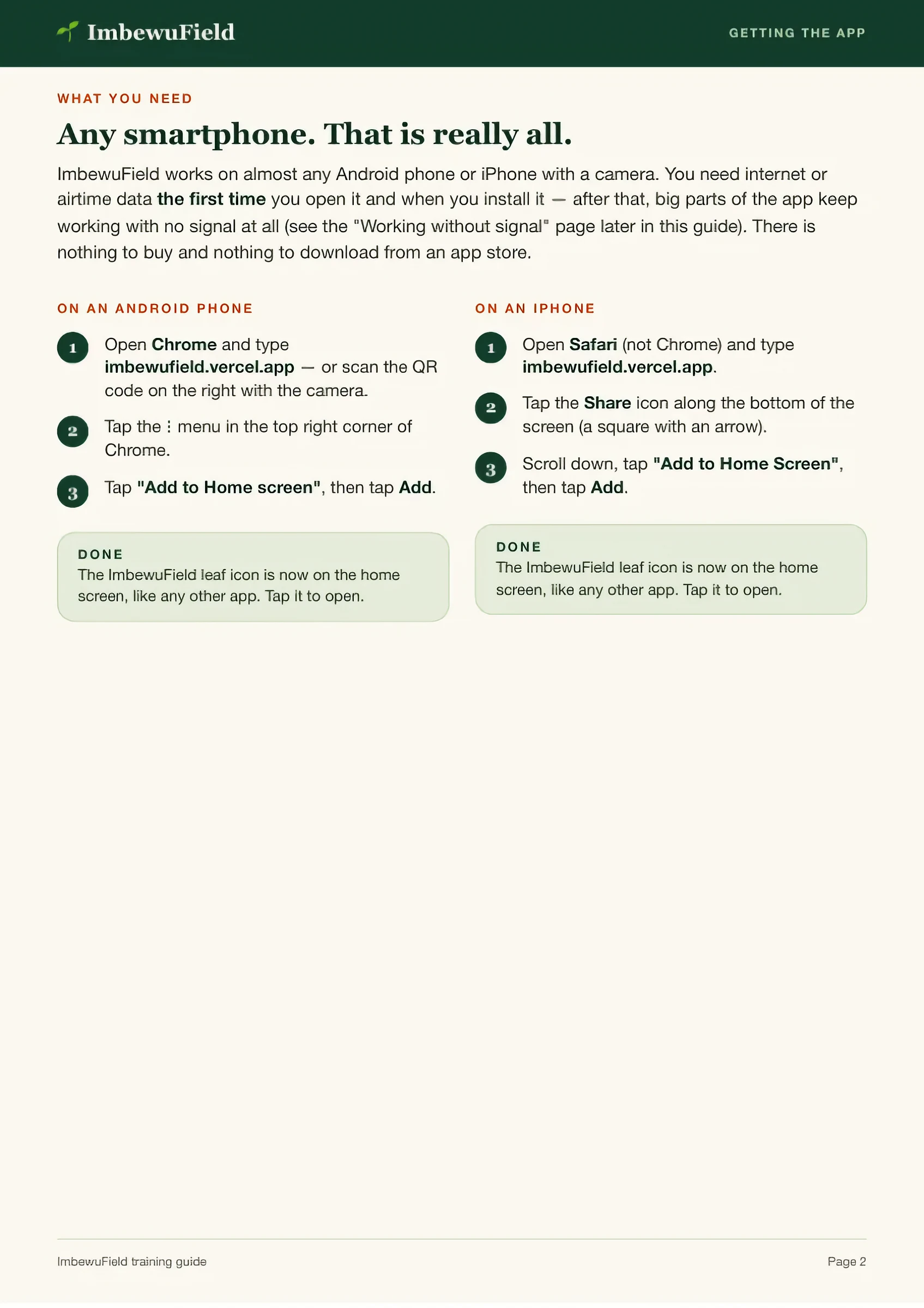 ImbewuField installation guide with separate Android and iPhone instructions